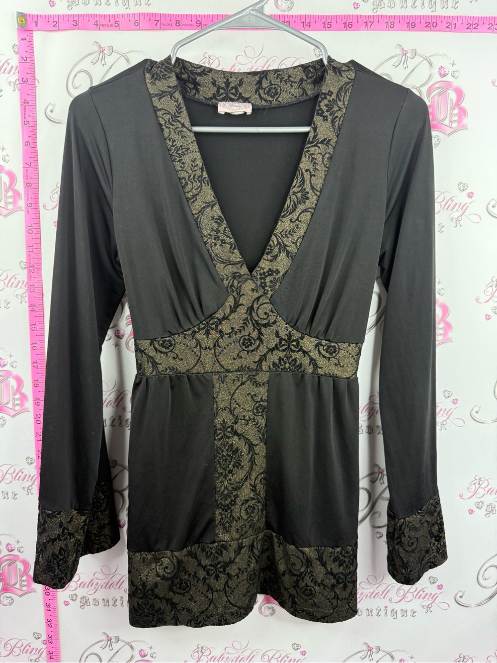 GEMINI y2k top tie up floral V-Neck Long Sleeve Tunic with Ornate Trim - Black
